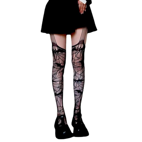 NWT bat web fishnet tights open crotch spider gothic punk edgy stockings black - Picture 5 of 11